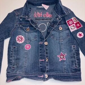 Hello Kitty Girls Denim Jacket Pink Stitching Patches Button Front Jean Jacket